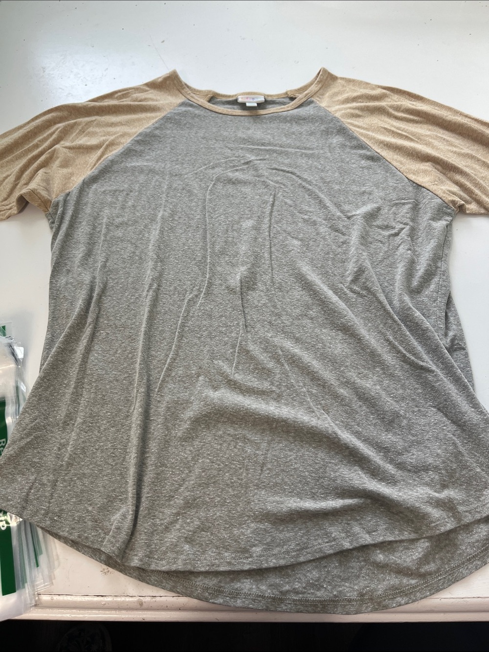 LulaRoe 2XL 3/4 Sleeve Yellow/Tan and Gray Baseball Style T Shirt